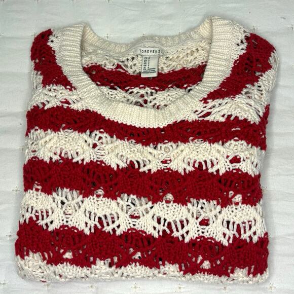 Forever 21 Open Knit Crew Neck Pullover Sweater Women's S | Red White Stripe - Picture 10 of 10